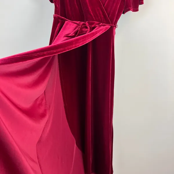 Chelsea 28 Dress XL Burgundy Red‎ Velvet Faux Wrap Maxi Holiday Dress Hi Low - Image 6