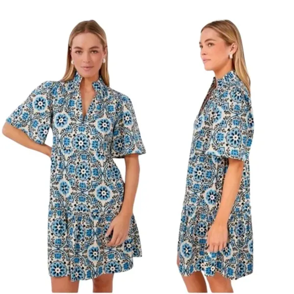 Tuckernuck X-SMALL Golden Medallion Crawford Dress Blue White Ruffle Mini - Image 2