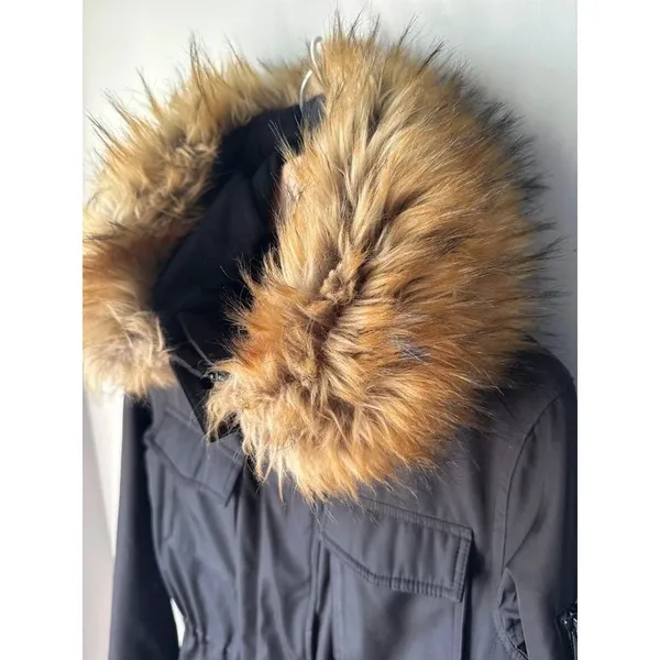 S13 New York Anorak Jacket Black Faux Fur Hood Large - Image 4