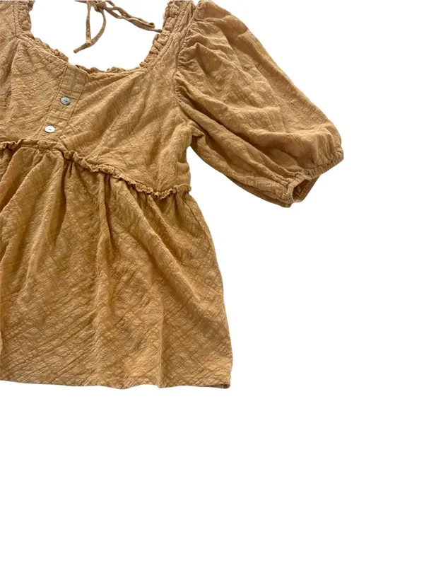 Mustard Peplum Crop Peasant Blouse with Puff Sleeves - Image 2