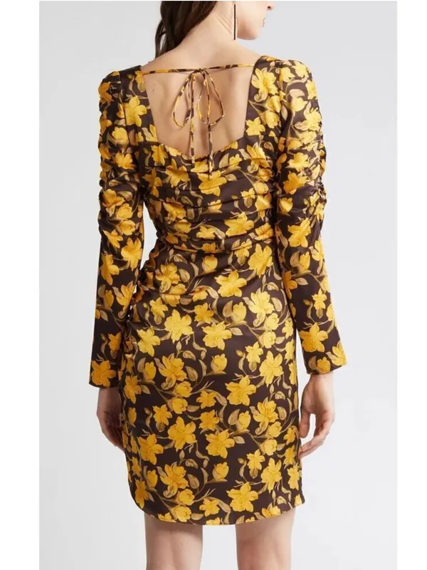 NWOT Floret Studios Brown and Yellow Floral Shirred Long Sleeve Mini Dress Sz L - Image 3