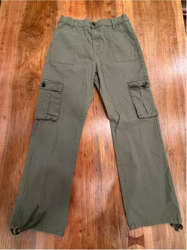Olive Green Cargo Pants Women's Small Y2K Utility Parachute Pants Drawstring Hem - Image 3