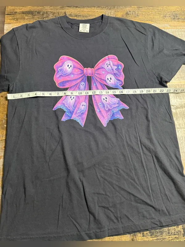Comfort Colors Black Tee with Pink-Purple Ghost Bow Graphic - Image 5