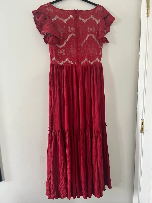 NWT Red Lace Tiered Maxi Dress 14 Flutter Sleeve Romantic Cottagecore Wedding - Image 5
