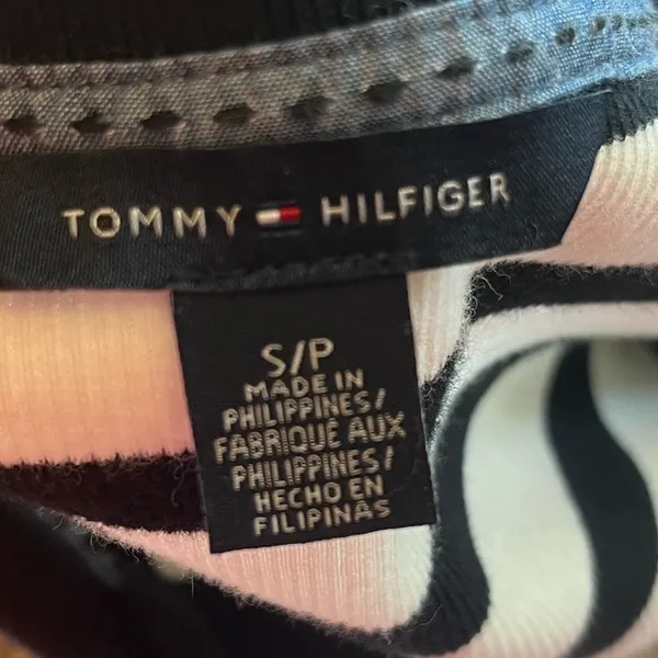 Tommy Hilfiger Black and White Striped Cotton Knit V Neck Collared 3/4 Sleeve - Image 6