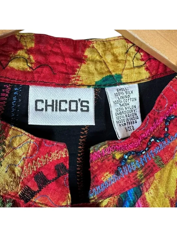 Chico’s Multicolor Silk Beaded Embroidered Jacket Artwear Size 2/L - Image 4