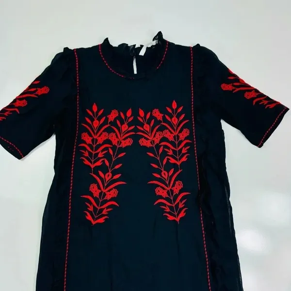 Zara Embroidered Dress Floral Ruffle Trim Black Red Short Sleeve Size‎ XS - Image 4