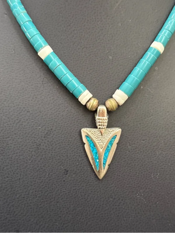 Vintage Southwestern Silver-tone Turquoise Heishi Beads Pendant Necklace - Image 11