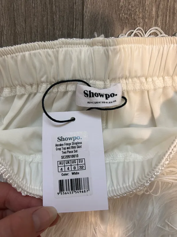 New Showpo Amalie 2PC Set Fringe Strapless Crop Top & Midi Skirt Set Size XS - Image 7