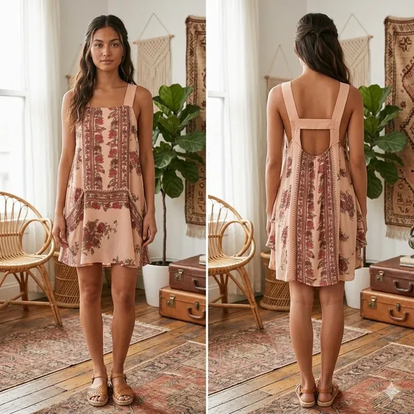 Free People‎ Mini Slip Dress XS Tunic Peach Floral Border Print Open Back Boho - Image 2