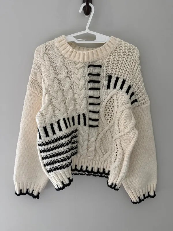 Grey Bandit Chunky Cable Knit Cropped Sweater Small Cream Black - Image 3