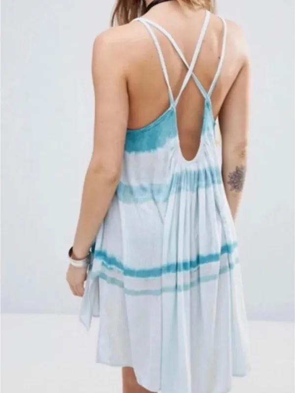Free People We The Free + Teal and White Striped Swing Dress/Top - Image 3