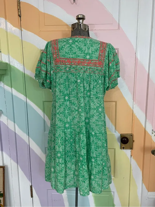 Sister Mary Green Paisley Embroidered Tiered Cotton Mini Boho Dress Sz S 🧡🎀 - Image 5