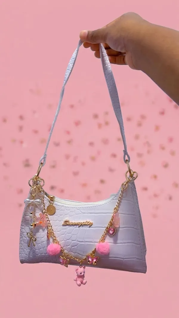 White Shoulder Bag Crocodile Embossed Hobo Purse Gold Chain Butterfly Bear Charm - Image 3