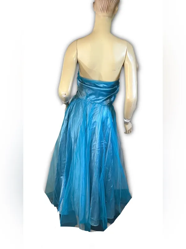 Vintage 1950'S Turquoise Blue Satin & Tulle Strapless Party Dress (Xs) - Image 7