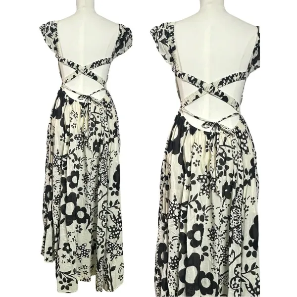 Free People Bohemian Ultraviolet Midi Maxi Dress Black White Floral Size XL - Image 12