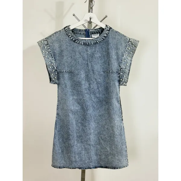 Vintage LALA FACTORY Acid Wash Pearl Beaded Sleeve Denim Mini Shift Dress Size S - Image 2
