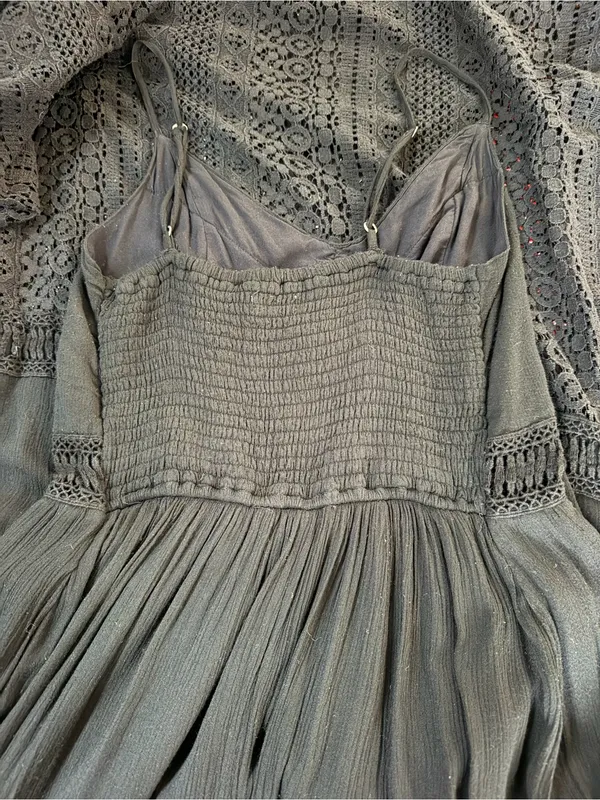 Abercrombie & Fitch Boho Cottagecore‎ Crochet Lace Maxi Dress Black Large - Image 6