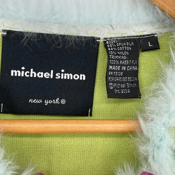 Michael‎ Simon Embroidered Floral Cardigan Fur Trim Green L Vintage - Image 5