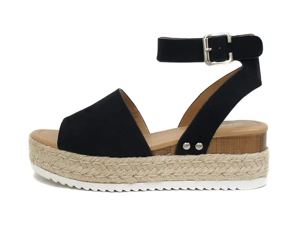 SheIn Black Open Toe Buckle Ankle Strap Espadrilles Flatform Wedge Casual Sandal - Image 4