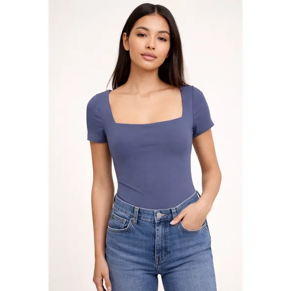 ARITZIA Contour Square Neck Short Sleeve Bodysuit‎ Navy Blue Size S - Image 9