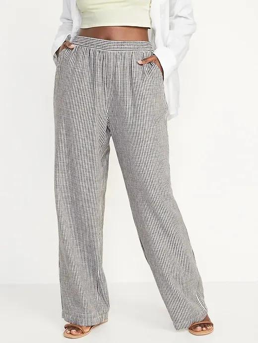 Old Navy Linen Cotton Blend High-Waisted Striped Wide-Leg Pants, Sz Large - Image 2