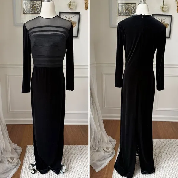 Rimini by Shaw Stretchy Black Velvet Long Sleeve Column Dress Formal Gown Black - Image 2