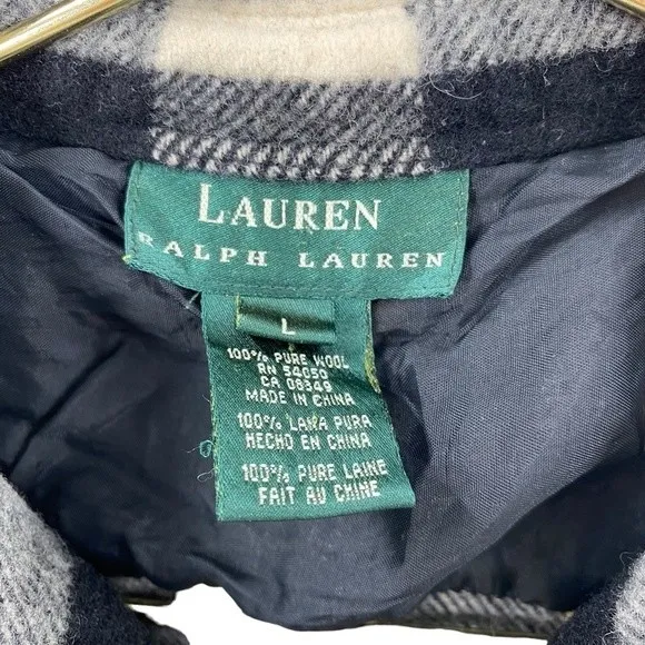 Ralph Lauren Womens L Buffalo‎ Plaid Shacket Black and Ivory Full Zip 100% Wool - Image 2
