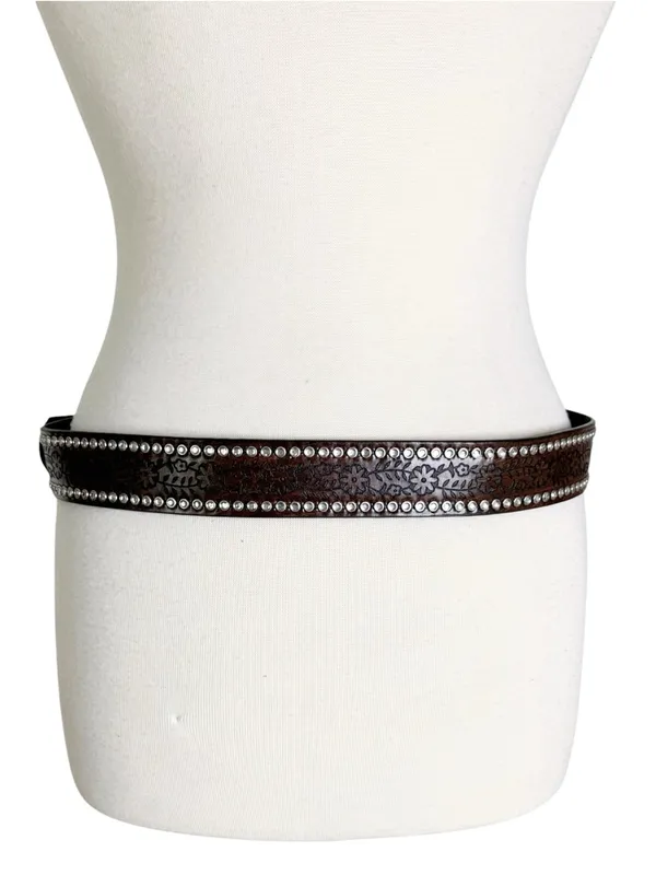 Western Tooled Large Buckle Belt with Rhinestones Brown - Image 8