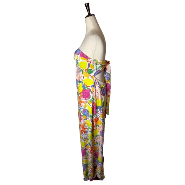 FORE Maxi Dress Women Large White Yellow Strapless Fruit Floral Tie Back Boho - Image 7