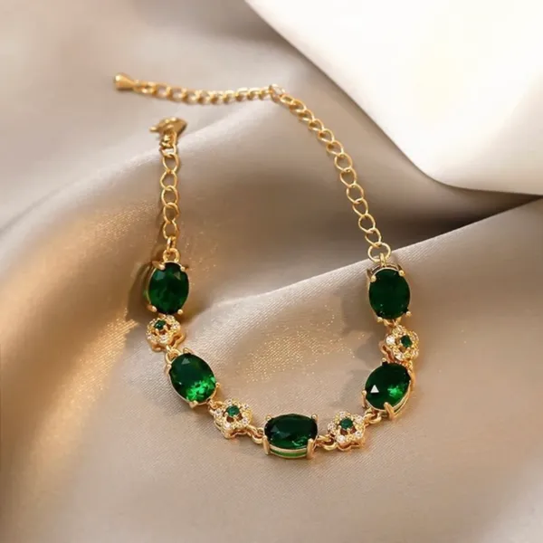 18K Gold Plated Green Crystal Emerald Charm Bracelet for Women - Image 4