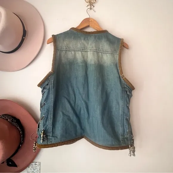 VINTAGE denim leopard lined vest beading studded reworked SIZE LARGE Coachella‎ - Image 6