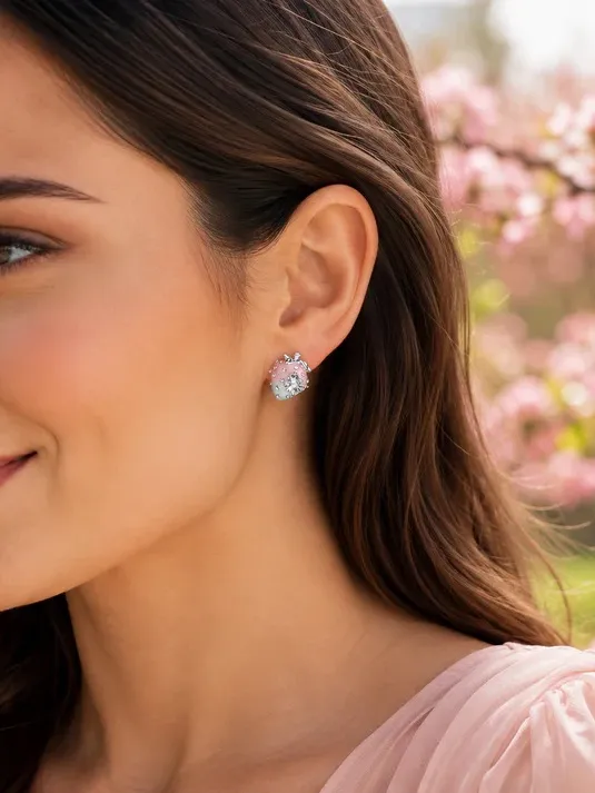 Silver Tone Pink Strawberry Crystal Stud Earrings - Image 2