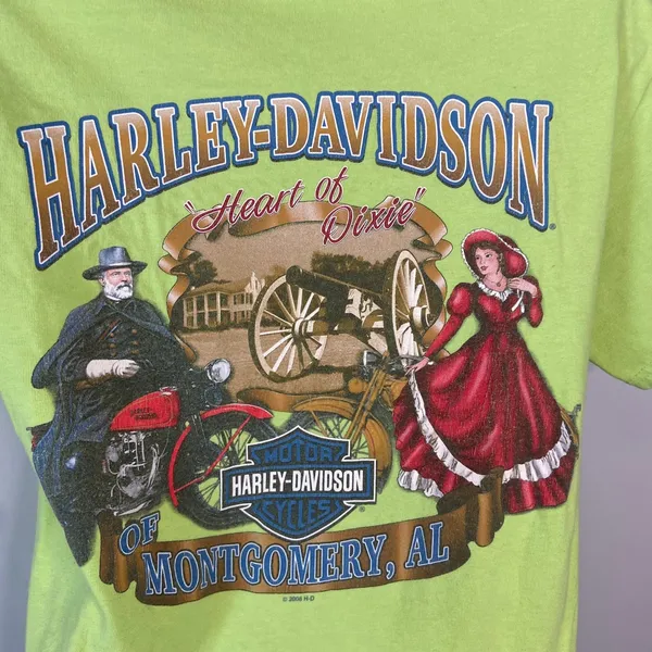 Harley Davidson Y2K Neon Lime Green Alabama Graphic Tee Shirt Size Small - Image 5