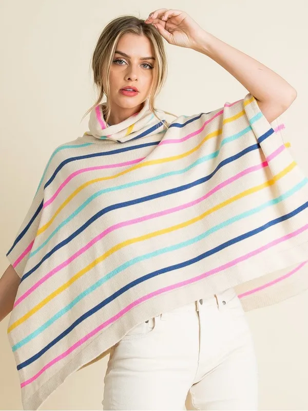NWT THML Juliana‎ Striped Colorful Turtleneck Poncho Wool Blend Sweater - Image 2