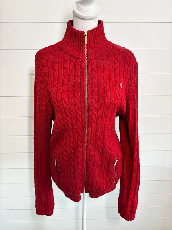 Ralph Lauren Y2K Red Cable-Knit Cotton Zip Cardigan with Gold Accents size L - Image 2