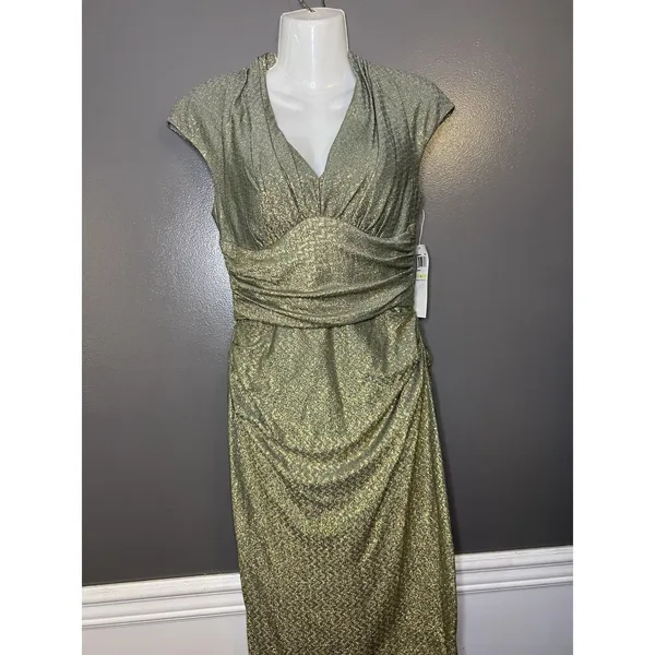 Maggy London Dress Womens 4 Gold Metallic Chevron Ruched V Neck Sheath Midi - Image 2
