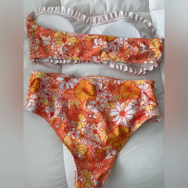 Orange floral ribbed bikini set Size L - Image 2