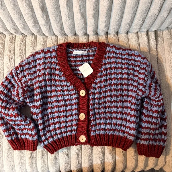 Altar’d State Chunky Knit Cropped Cardigan Blue Burgundy | NWT |‎ M - Image 2