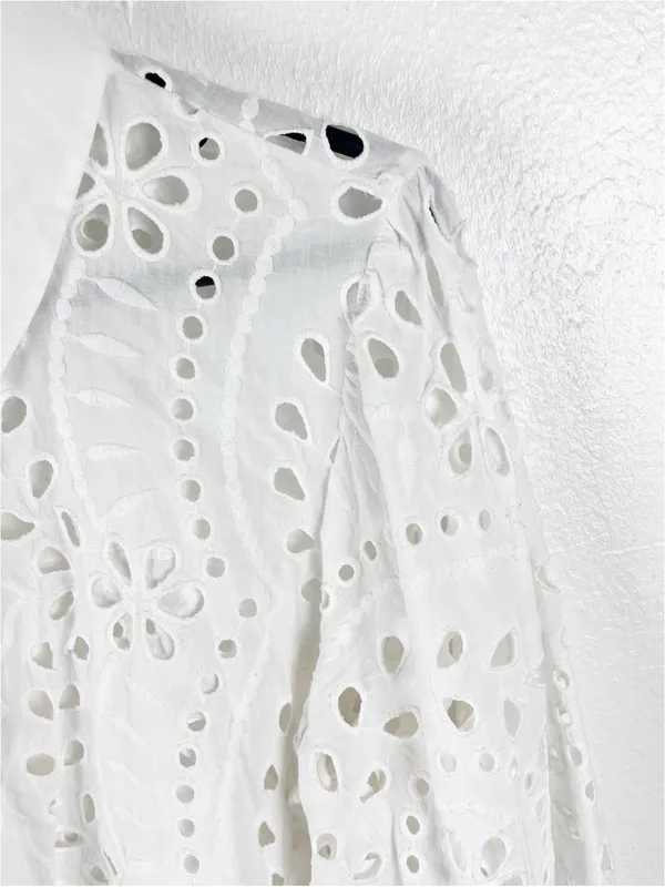 ZARA 100% Cotton White Eyelet Button Long Puff Sleeves Crop Top XL Boho Neutral - Image 5