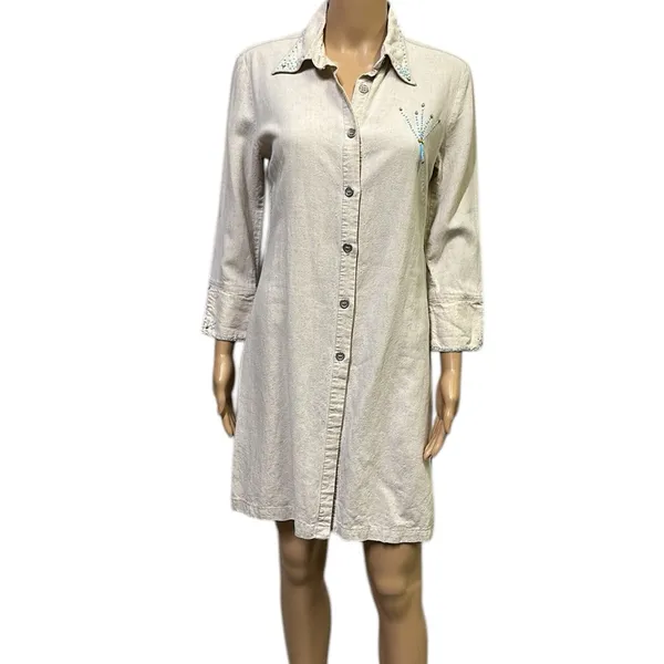 Bahar Linen 3 Quarter Sleeve Button Up Tapered Beaded Shirt Dress Womens 2 - Image 5