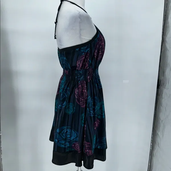 DKNY Jeans Black Fabric Floral Silk Satin Halter Dress Backless Dress Size Large - Image 5