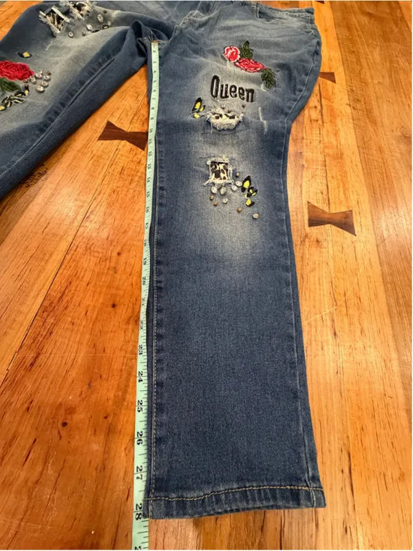 K Jordan 2pc Denim Set Plus Sz 3X Jacket 24W Jeans Leopard Rose Distressed Queen - Image 14