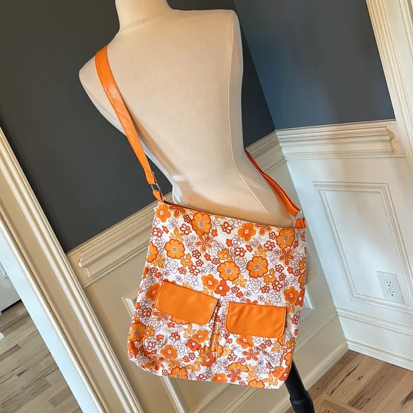 SASHA Handbags NY Large Tote Shoulder Overnight Orange White Floral Purse Womens - Image 6
