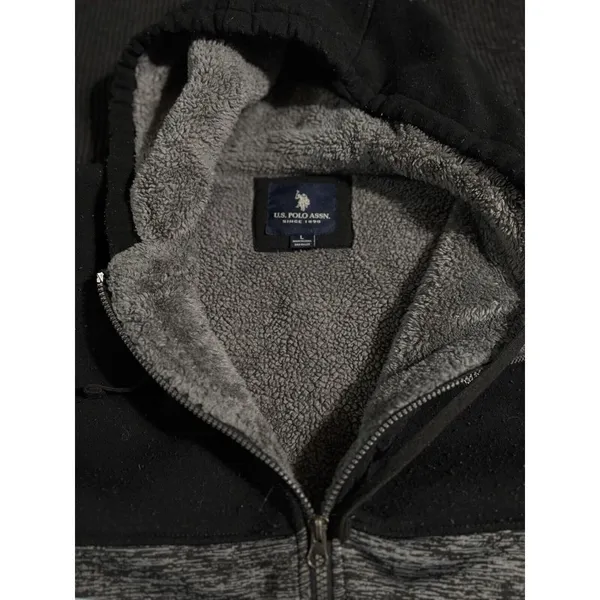 US Polo Assn. Black/Gray Zip Up Fleece Hood Jacket Size L Zip Pocket Logo Sherpa - Image 7