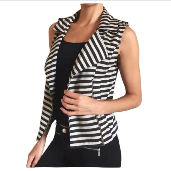 Xhilaration Vest Womens Size large Sleeveless W/ Zipper Striped cream black top - Image 2