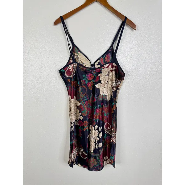 California Dynasty Vintage Floral Paisley Satin Chemise Nightgown Navy Burgundy - Image 2
