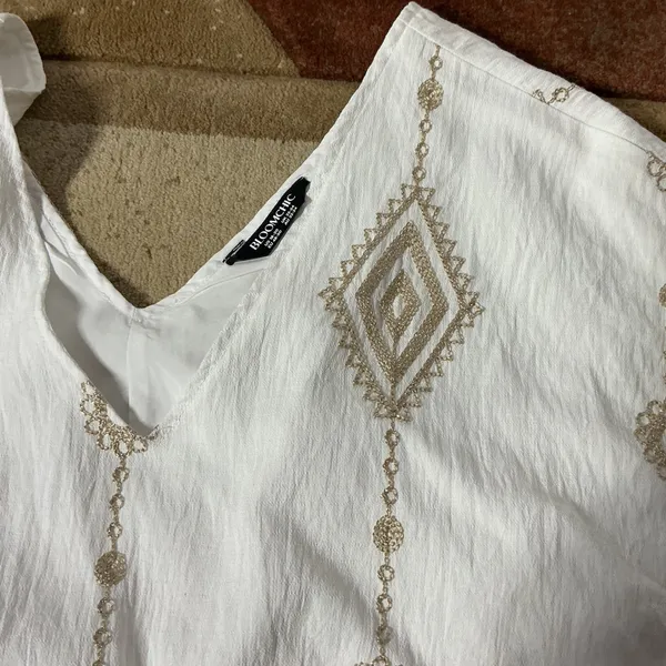 Bloomchic Boho Embroidered Mini Dress Women 18 White Gold Tassel V-Neck Mini - Image 4