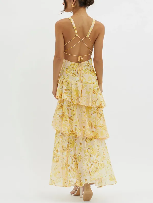One And Only Collective Yellow Floral Ruffle Open Back Dress - Image 3