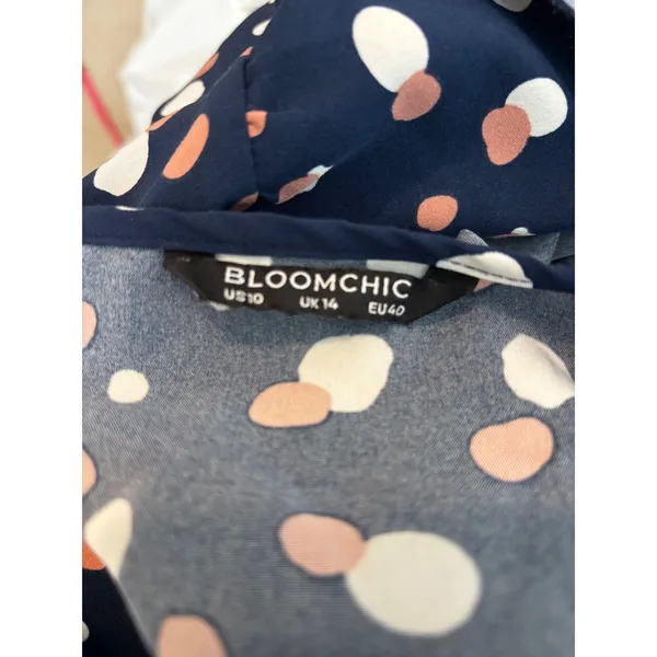 BloomChic Midi Dress Size 10 Navy Blue Polka Dot Ruffle Flutter Sleeve Smocked‎ - Image 7